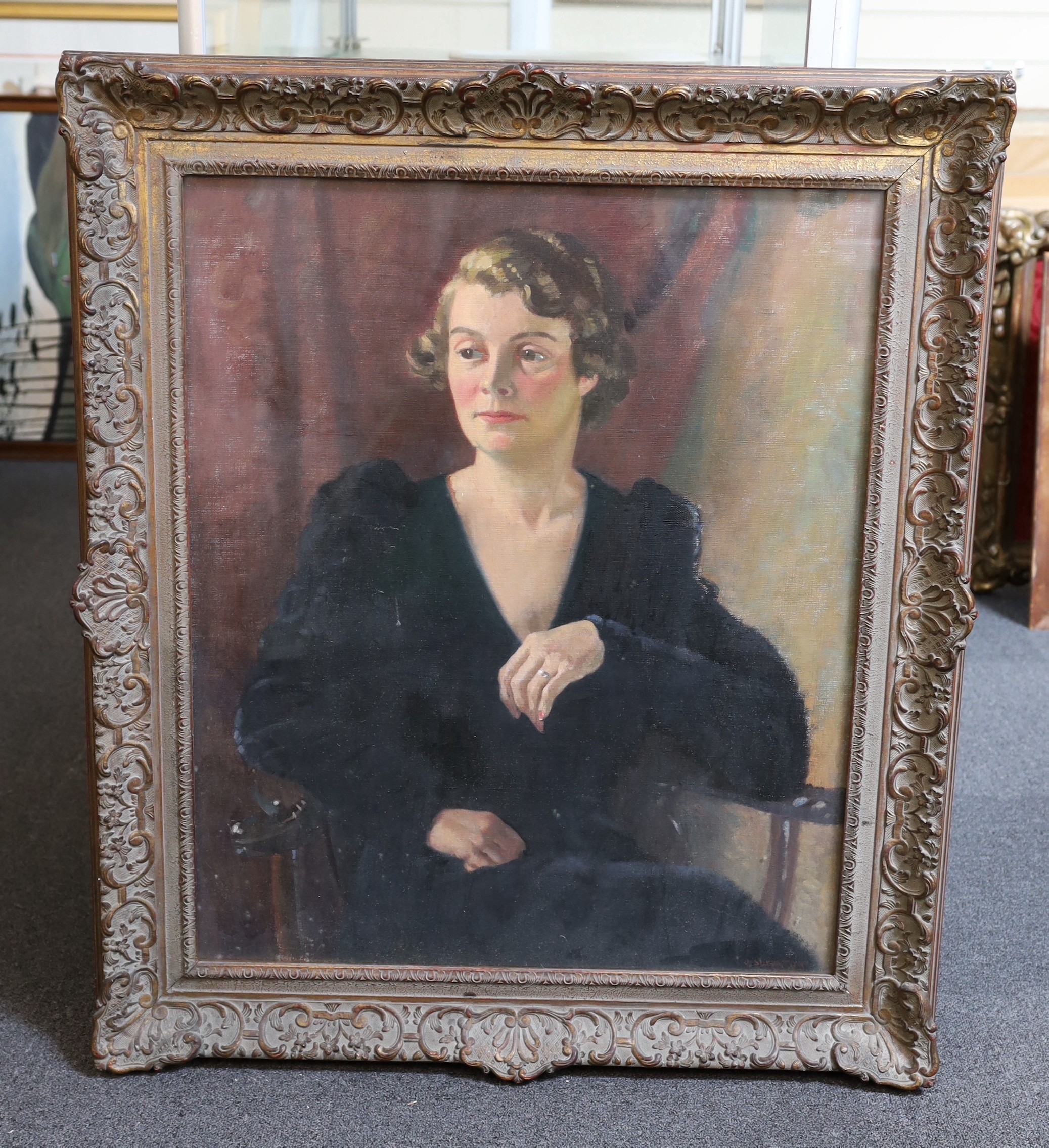 James Sinton Sleator RHA (1889-1950), Half length portrait of a lady wearing a black dress, oil on canvas, 75 x 62cm